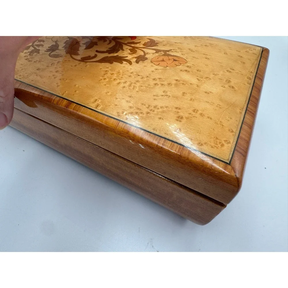 Vintage Italian Marquetry Wood‎ Jewelry Music Box Floral Inlay Swiss Movement